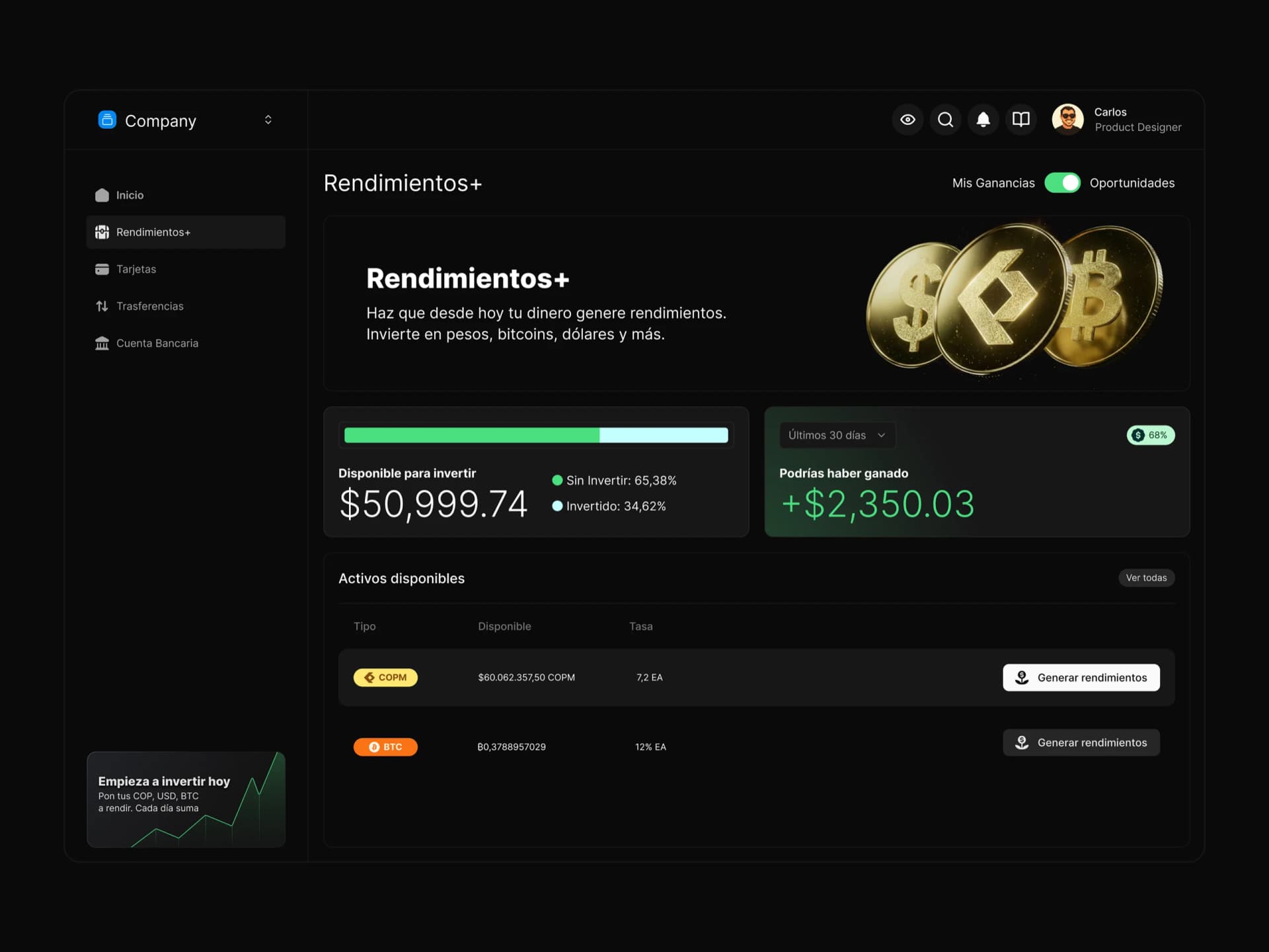 Dashboard de rendimientos de Minteo.