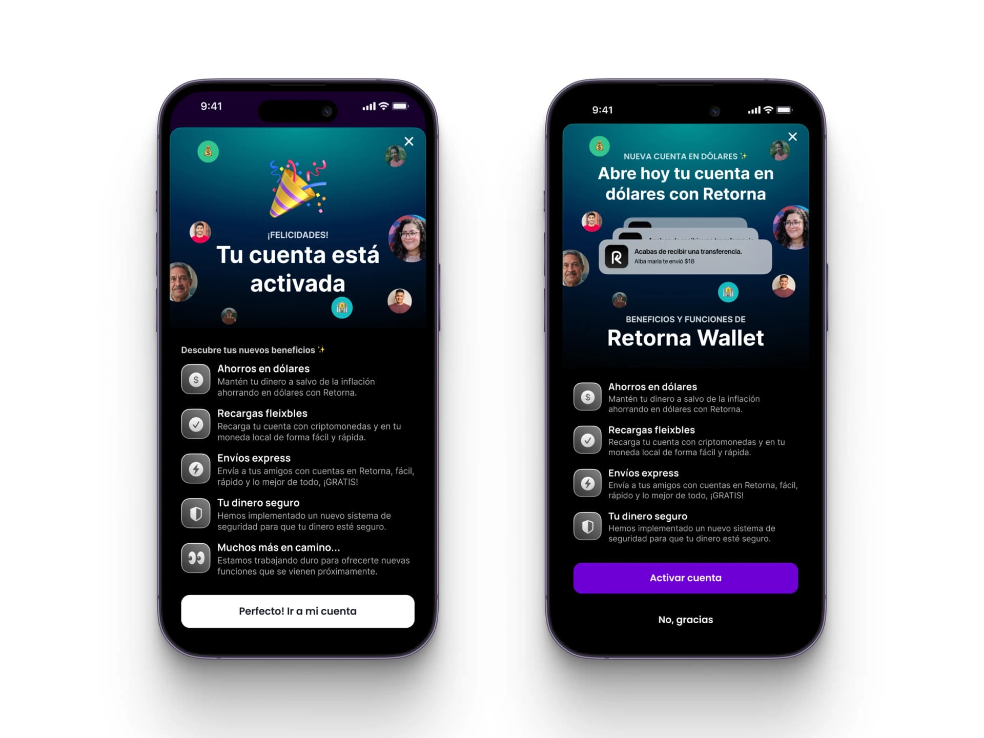 Flujo de activación de cuenta y Retorna Wallet.